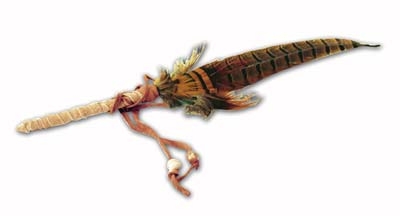 Wildfasanfeder mit Goldfasan, perlenverziert Wildfasanfeder mit Goldfasan, perlenverziert